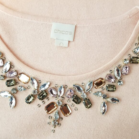 Chico's Embellished Jeweled Belle Pale Pink Pullover Knit Sweater Size 0 {Small} - Picture 11 of 11